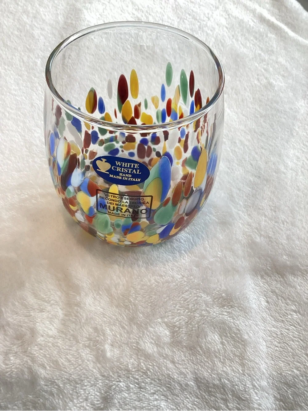 🇮🇹Murano Crystal Stemless Wine Glasses Set of 2 New Colorful Confetti Hand Made